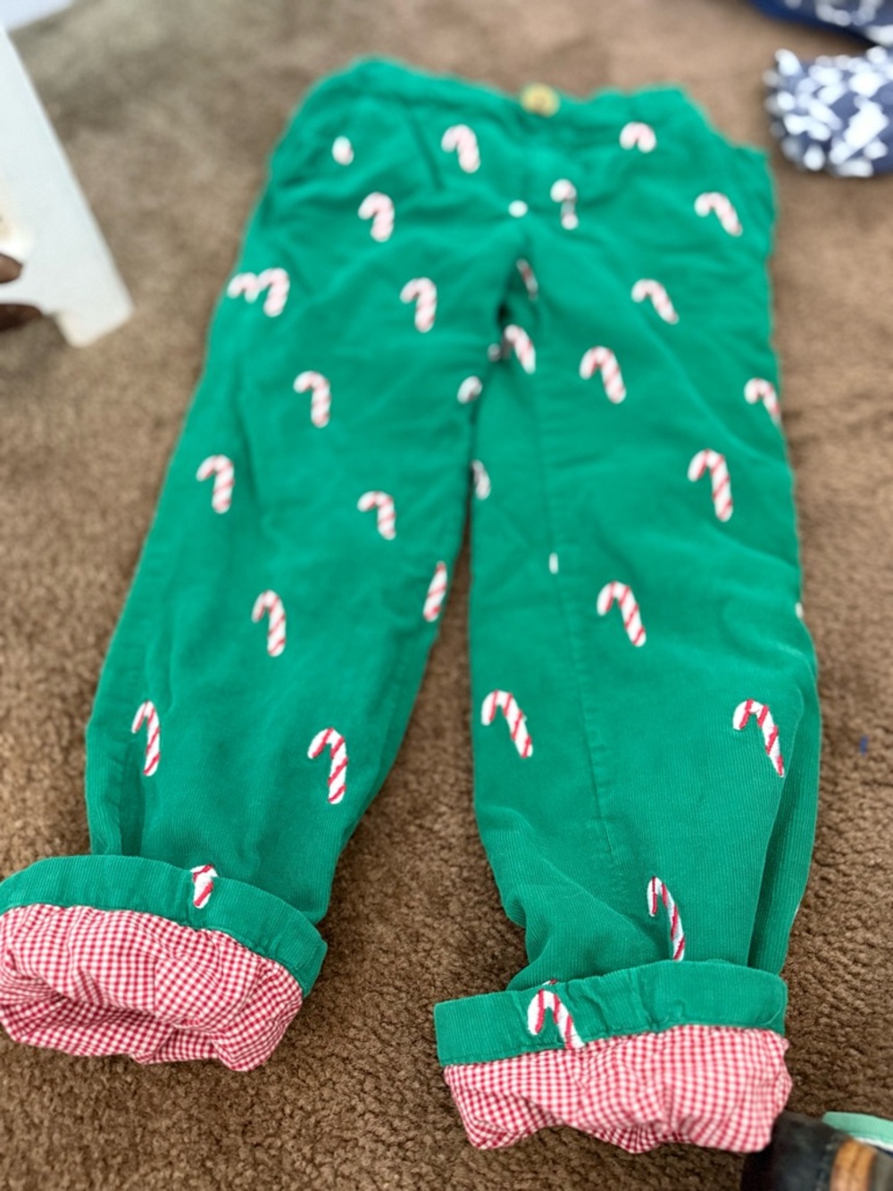 Smockingbird Green Candy Cane Corduroy Pants with Gingham Lining